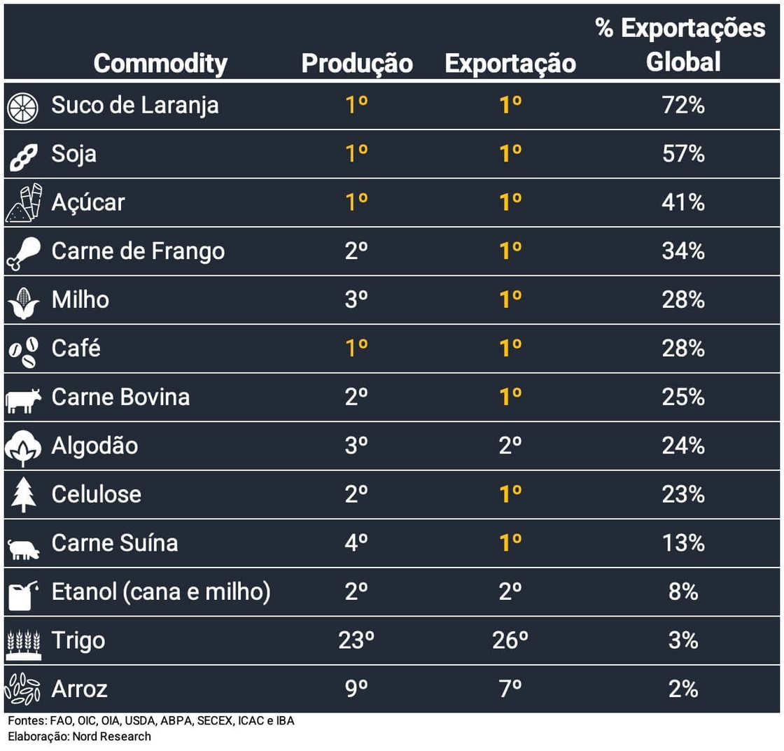 Tabela apresenta posição por produção e exportação e share nas exportações globais por commodity.